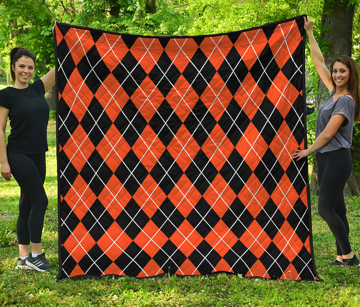 Orange And Black Argyle Print Quilt