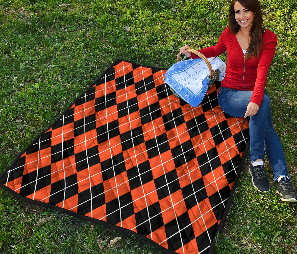 Orange And Black Argyle Print Quilt
