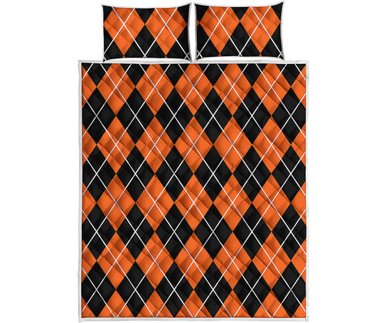 Orange And Black Argyle Print Quilt Bed Set