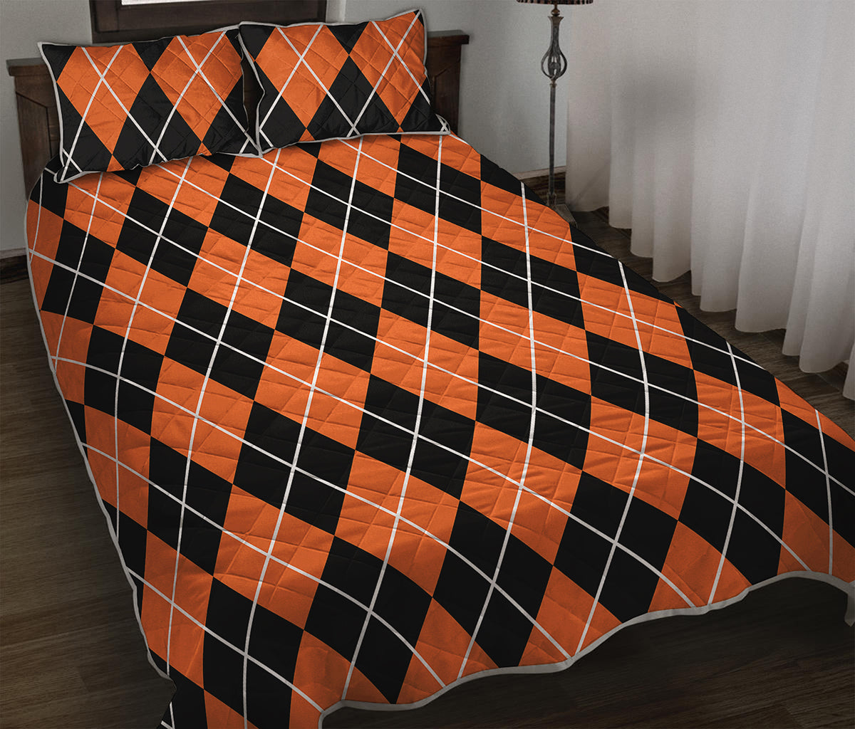 Orange And Black Argyle Print Quilt Bed Set