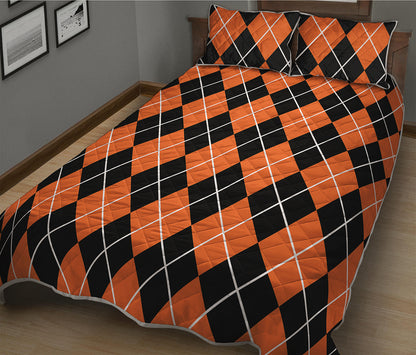 Orange And Black Argyle Print Quilt Bed Set