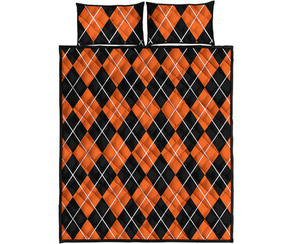 Orange And Black Argyle Print Quilt Bed Set