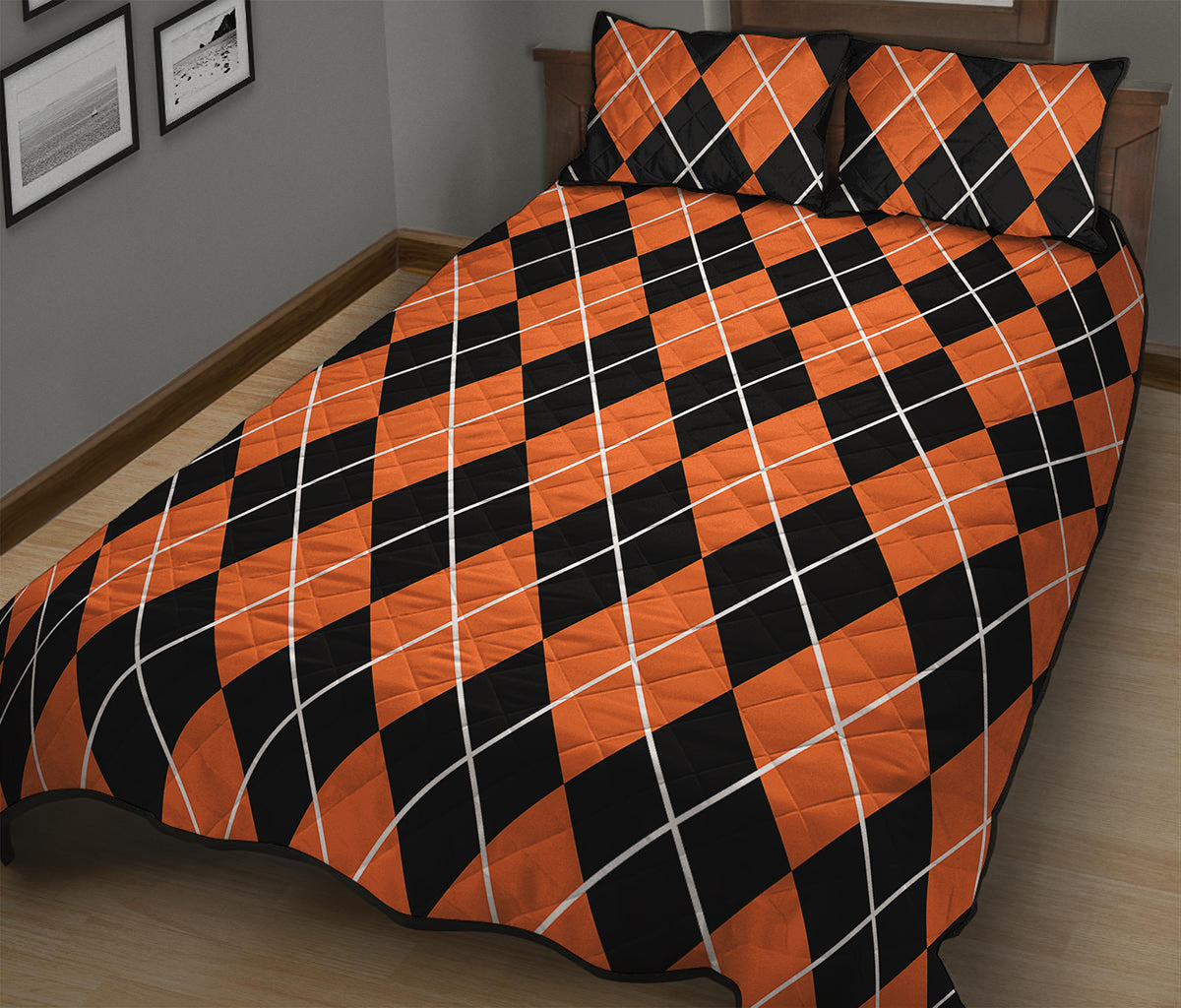 Orange And Black Argyle Print Quilt Bed Set