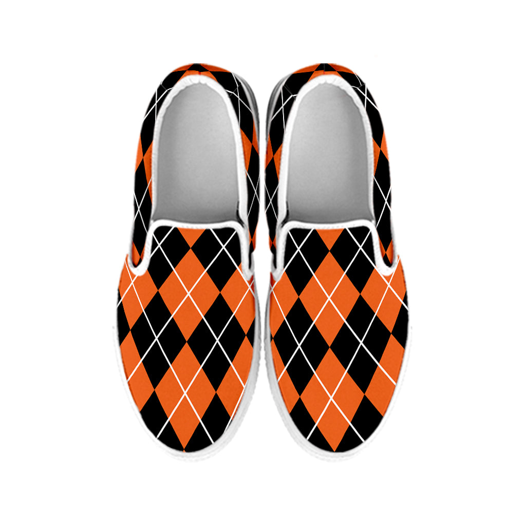 Orange And Black Argyle Print White Slip On Shoes