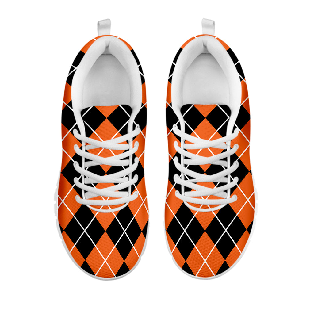 Orange And Black Argyle Print White Sneakers