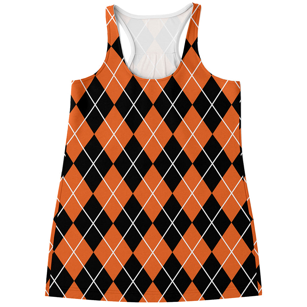 Orange And Black Argyle Print Women's Racerback Tank Top