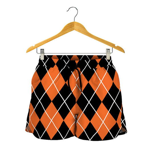 Orange And Black Argyle Print Women's Shorts