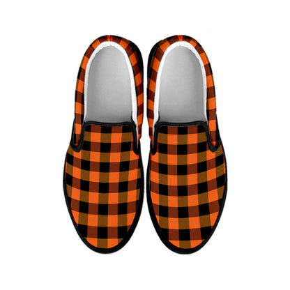 Orange And Black Buffalo Check Print Black Slip On Shoes