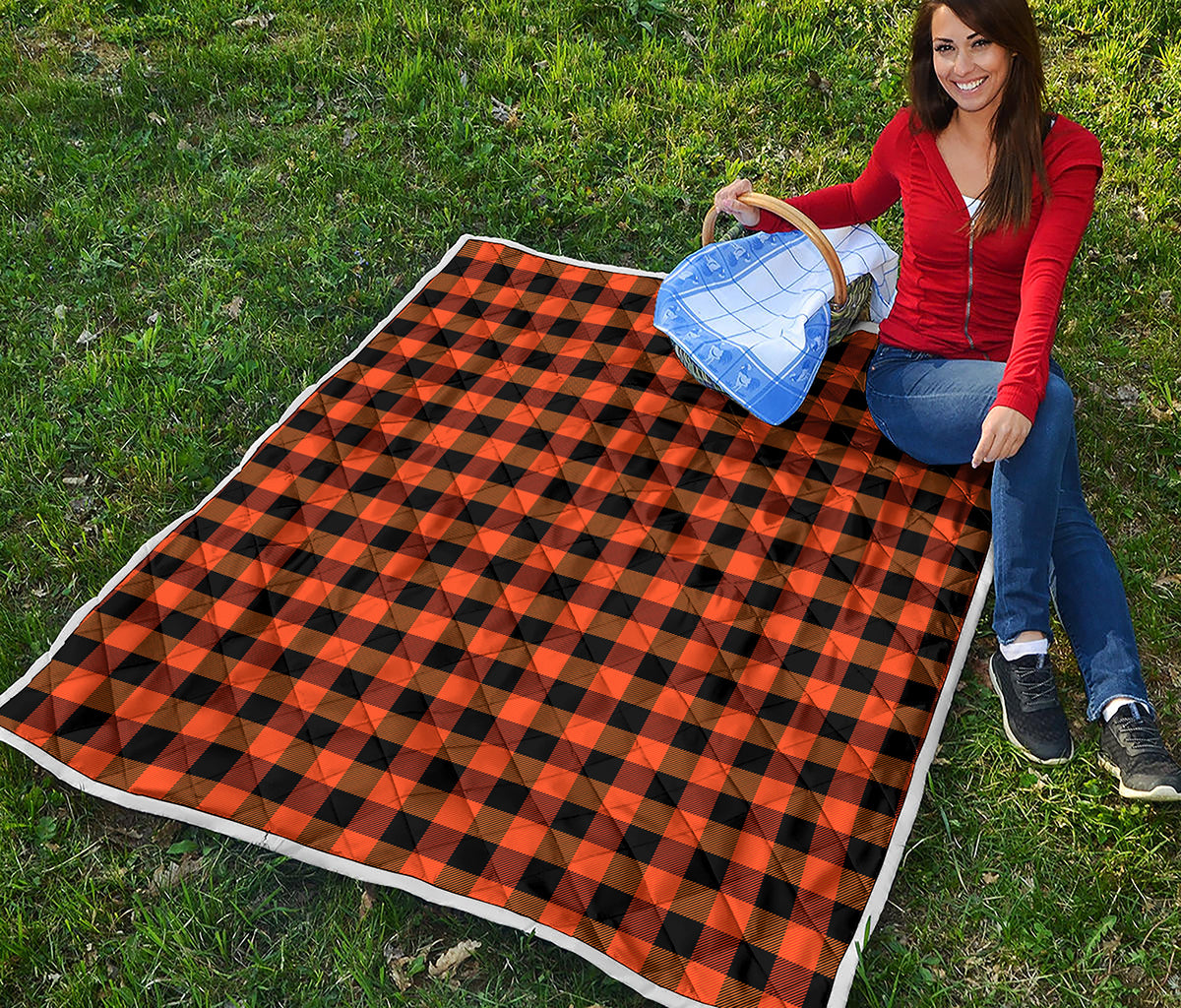 Orange And Black Buffalo Check Print Quilt