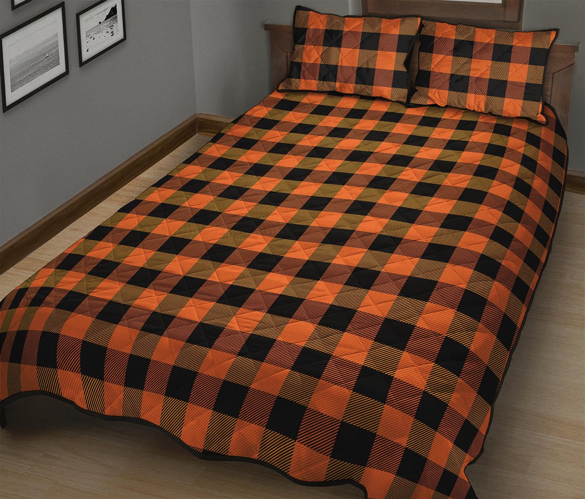Orange And Black Buffalo Check Print Quilt Bed Set