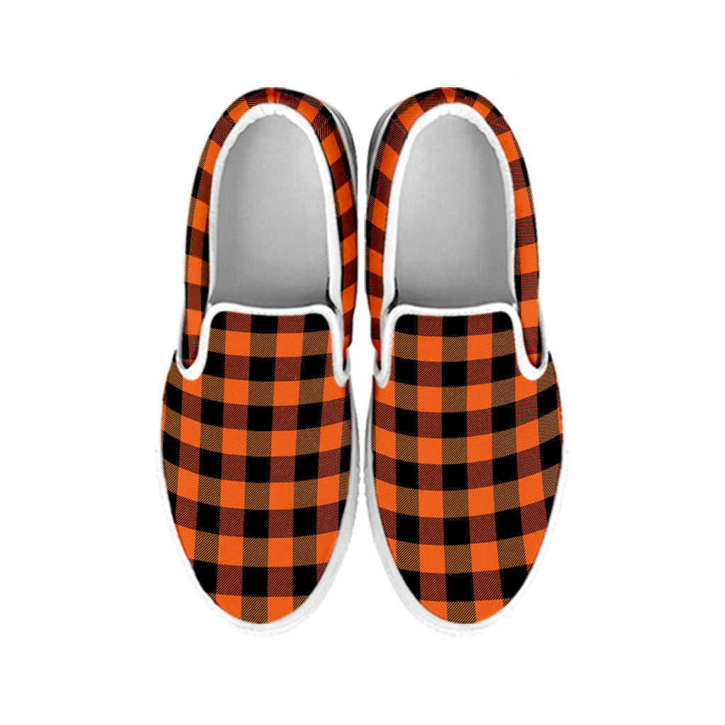 Orange And Black Buffalo Check Print White Slip On Shoes