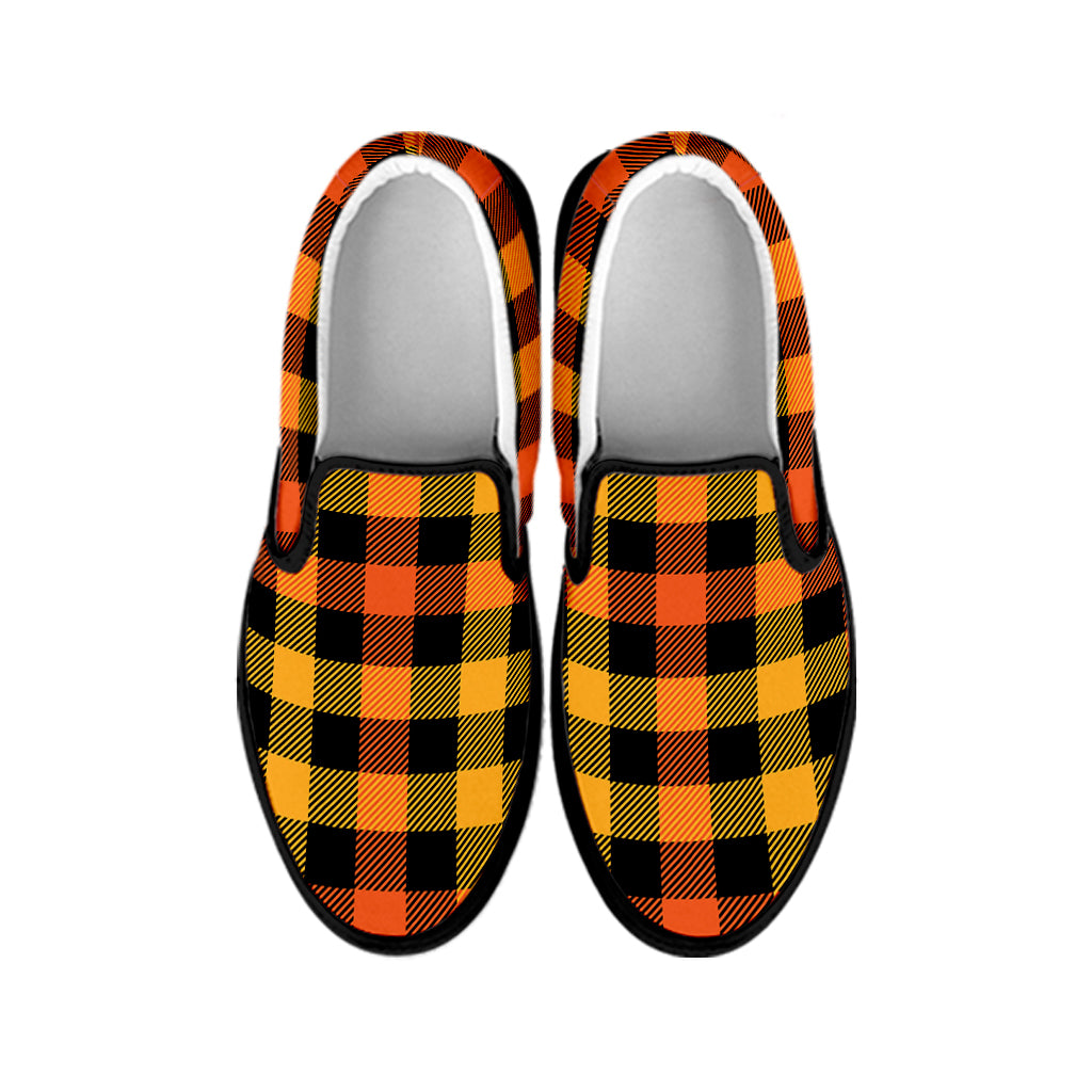Orange And Black Buffalo Plaid Print Black Slip On Shoes