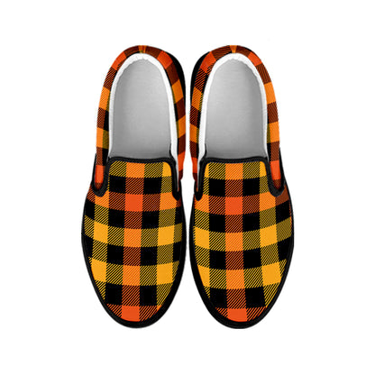 Orange And Black Buffalo Plaid Print Black Slip On Shoes