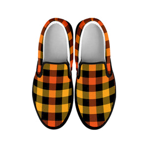 Orange And Black Buffalo Plaid Print Black Slip On Shoes