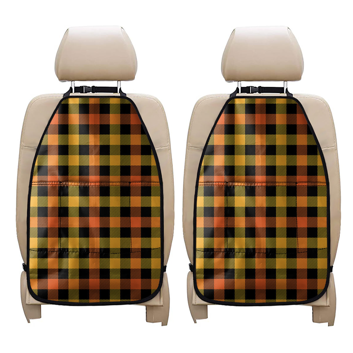 Orange And Black Buffalo Plaid Print Car Seat Organizers