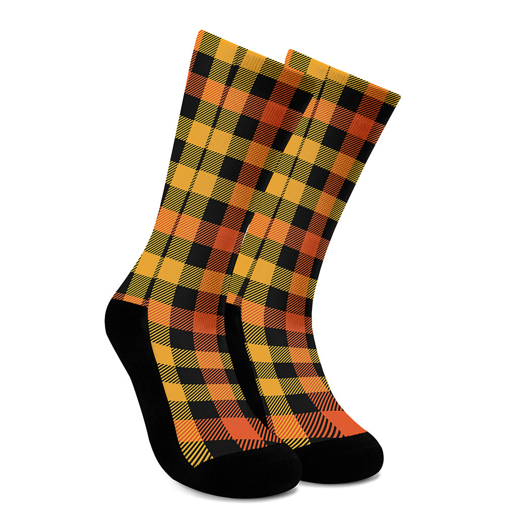 Orange And Black Buffalo Plaid Print Crew Socks