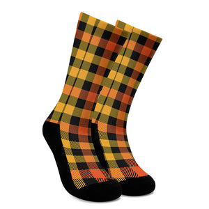 Orange And Black Buffalo Plaid Print Crew Socks