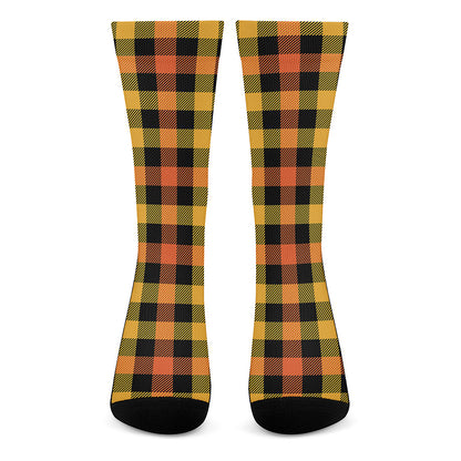 Orange And Black Buffalo Plaid Print Crew Socks