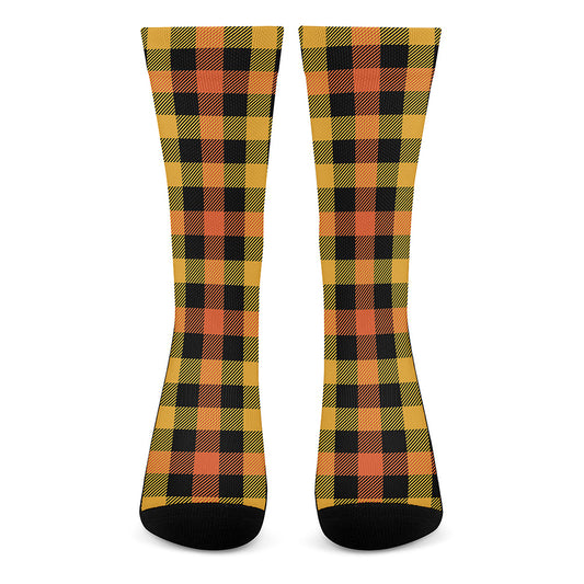 Orange And Black Buffalo Plaid Print Crew Socks
