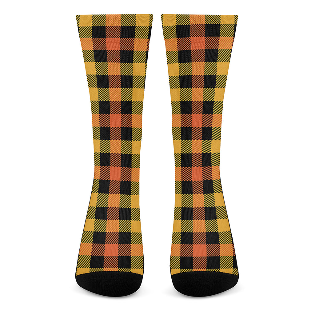 Orange And Black Buffalo Plaid Print Crew Socks