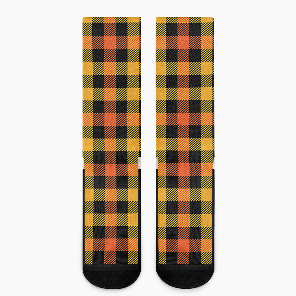 Orange And Black Buffalo Plaid Print Crew Socks