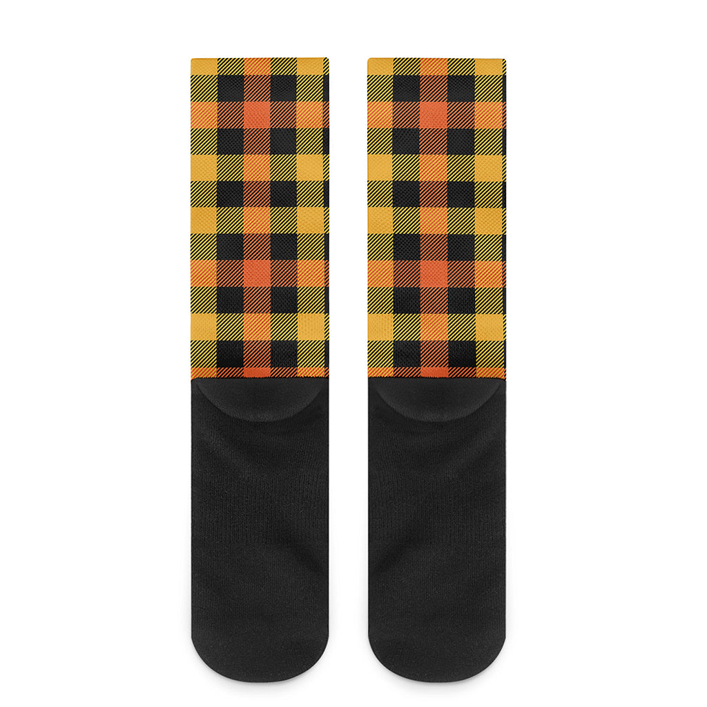 Orange And Black Buffalo Plaid Print Crew Socks