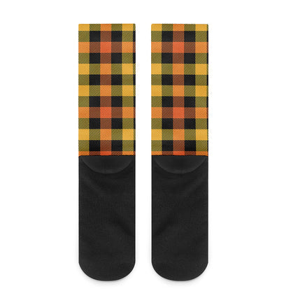 Orange And Black Buffalo Plaid Print Crew Socks