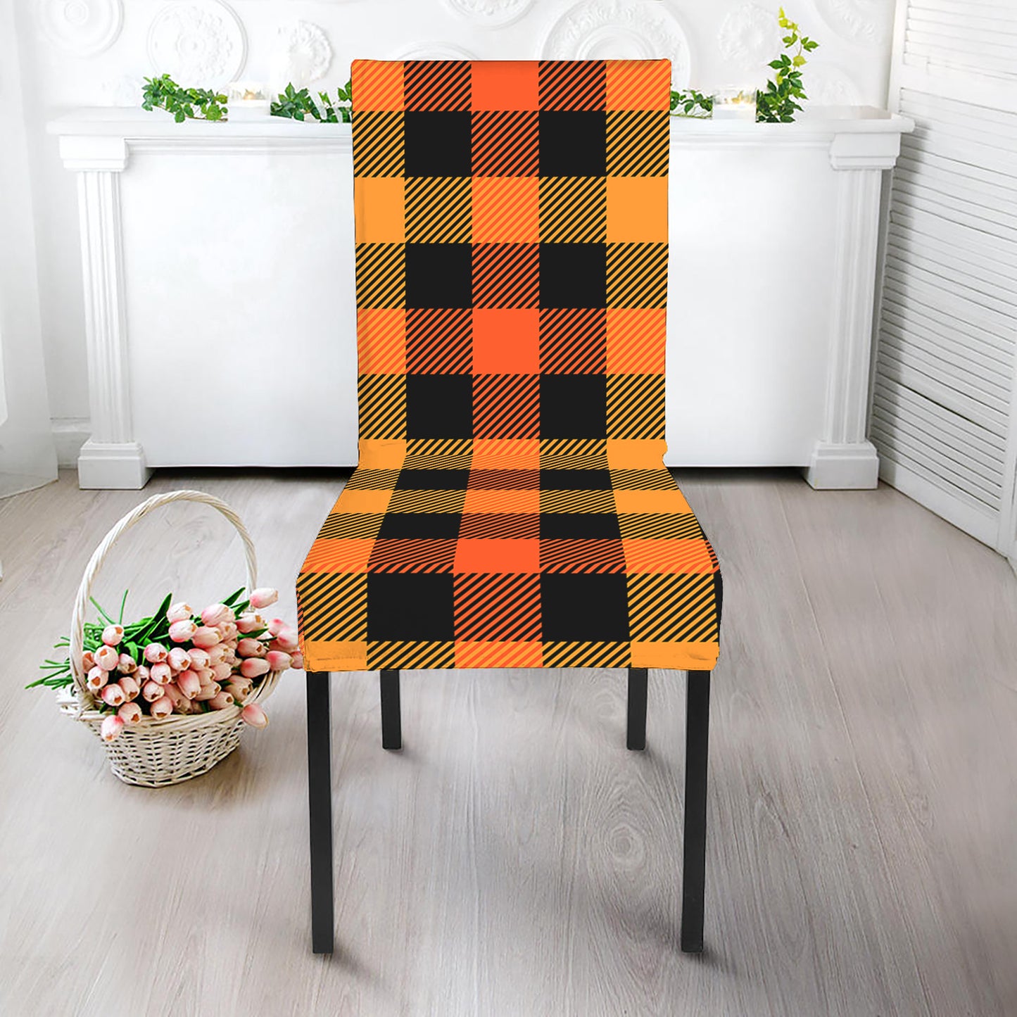 Orange And Black Buffalo Plaid Print Dining Chair Slipcover