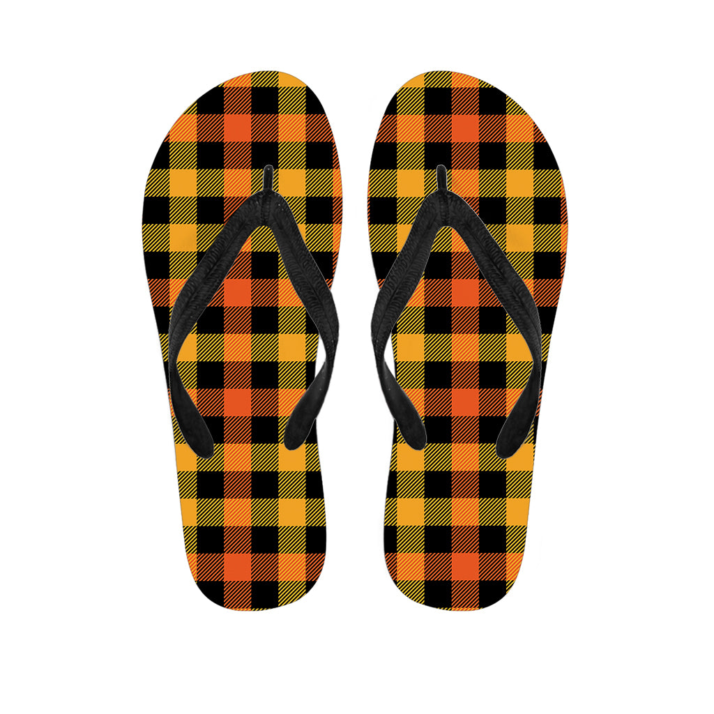 Orange And Black Buffalo Plaid Print Flip Flops