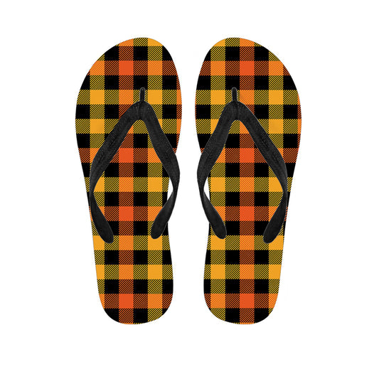 Orange And Black Buffalo Plaid Print Flip Flops