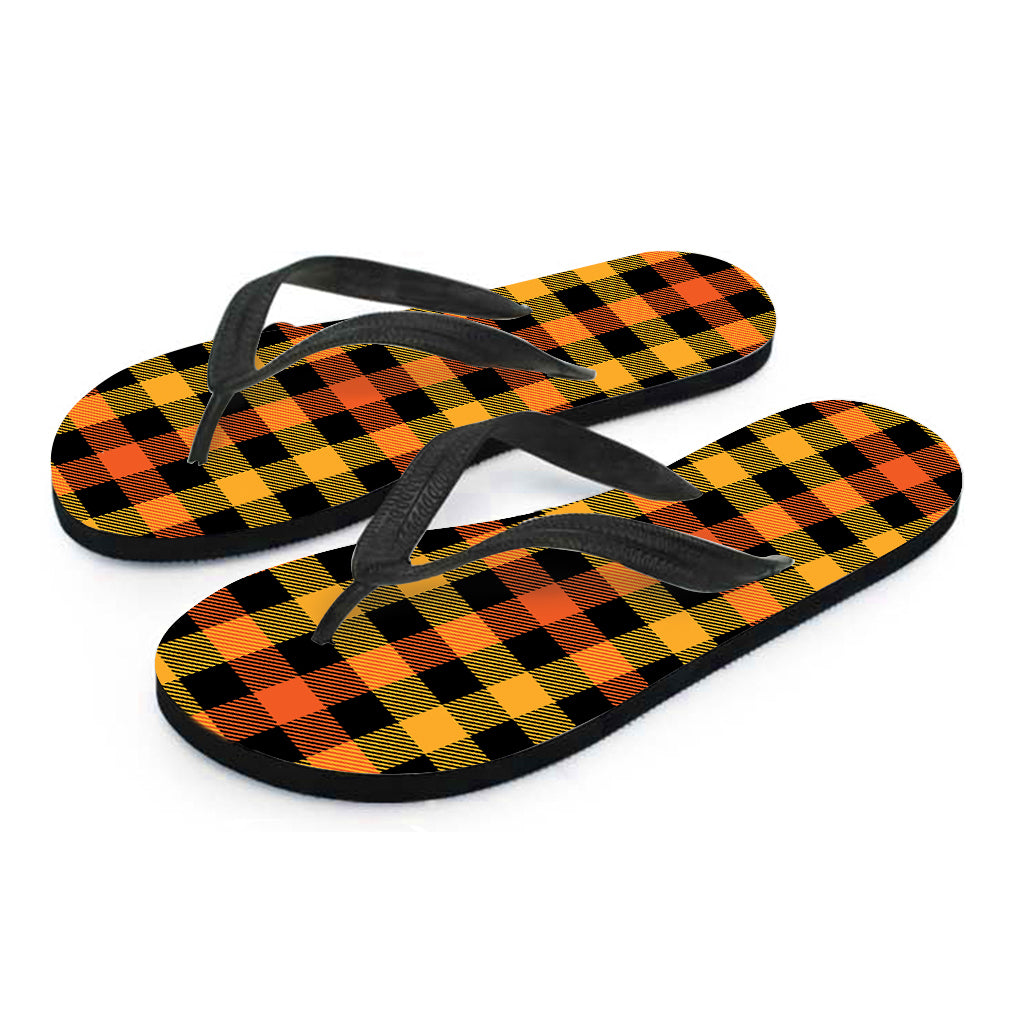 Orange And Black Buffalo Plaid Print Flip Flops
