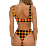 Orange And Black Buffalo Plaid Print Front Bow Tie Bikini