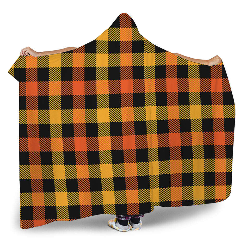 Orange And Black Buffalo Plaid Print Hooded Blanket