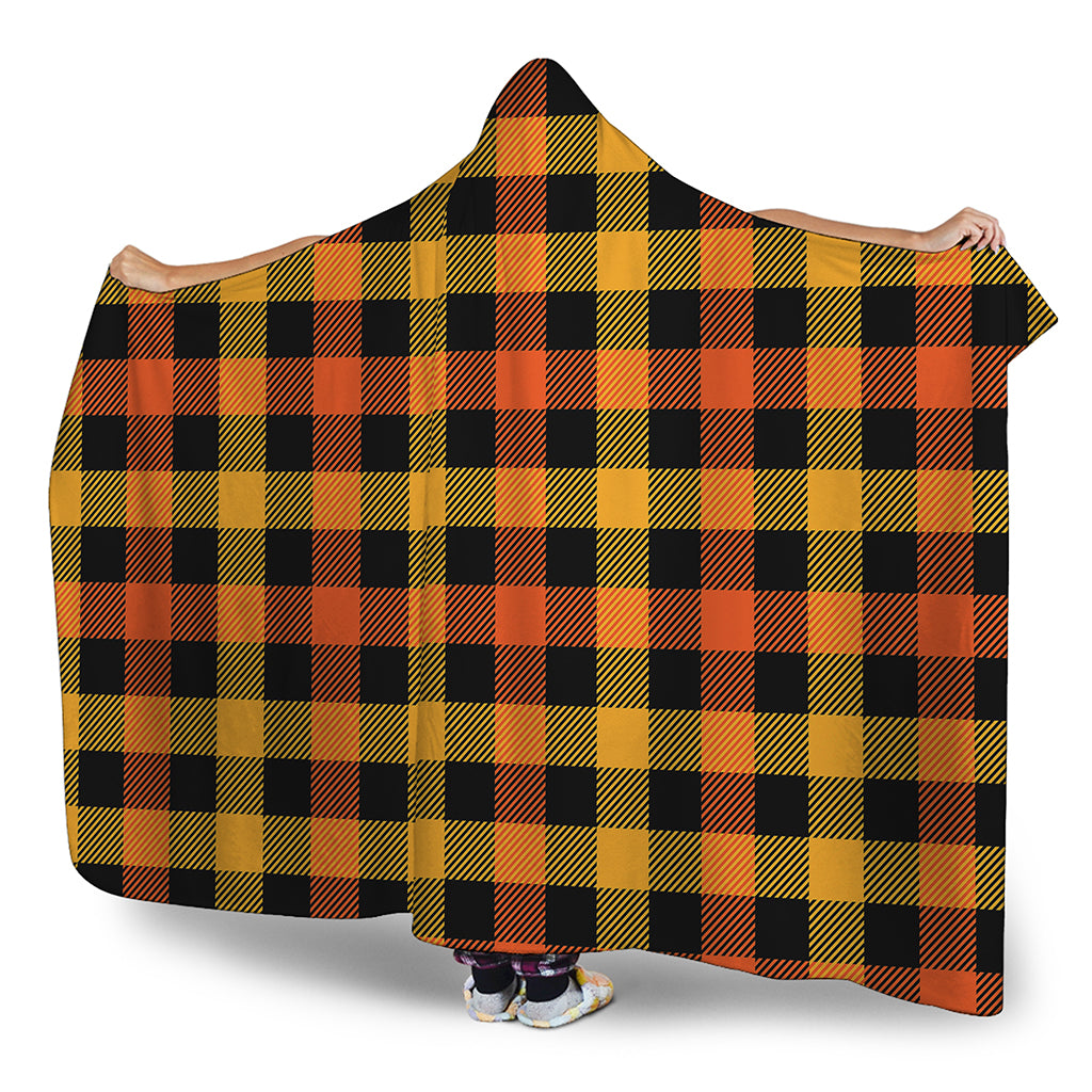 Orange And Black Buffalo Plaid Print Hooded Blanket