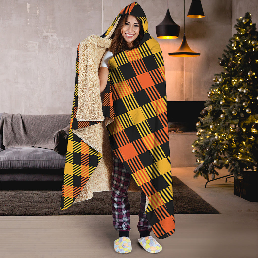 Orange And Black Buffalo Plaid Print Hooded Blanket