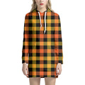 Orange And Black Buffalo Plaid Print Pullover Hoodie Dress