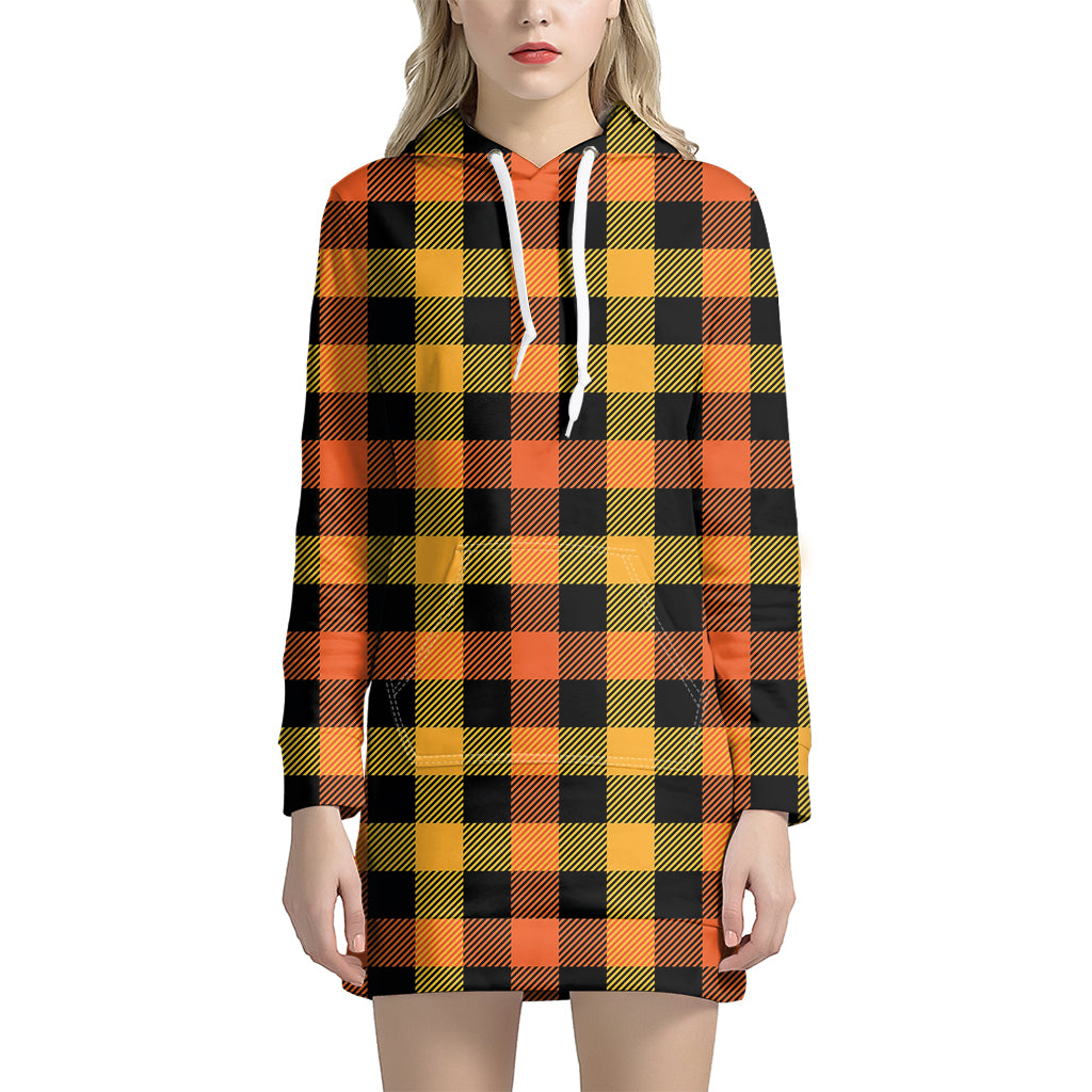 Orange And Black Buffalo Plaid Print Hoodie Dress