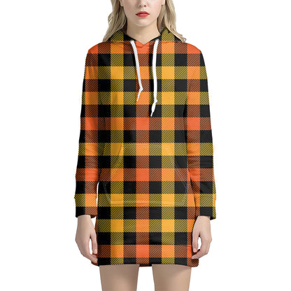 Orange And Black Buffalo Plaid Print Hoodie Dress