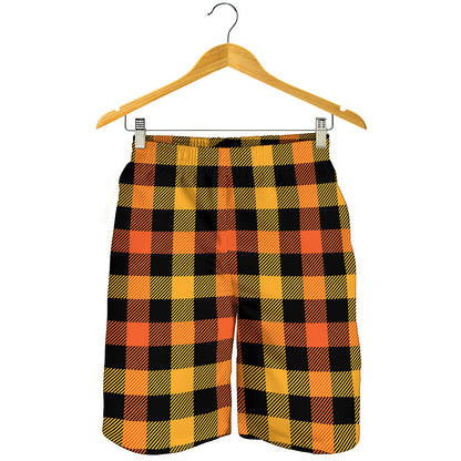 Orange And Black Buffalo Plaid Print Men's Shorts