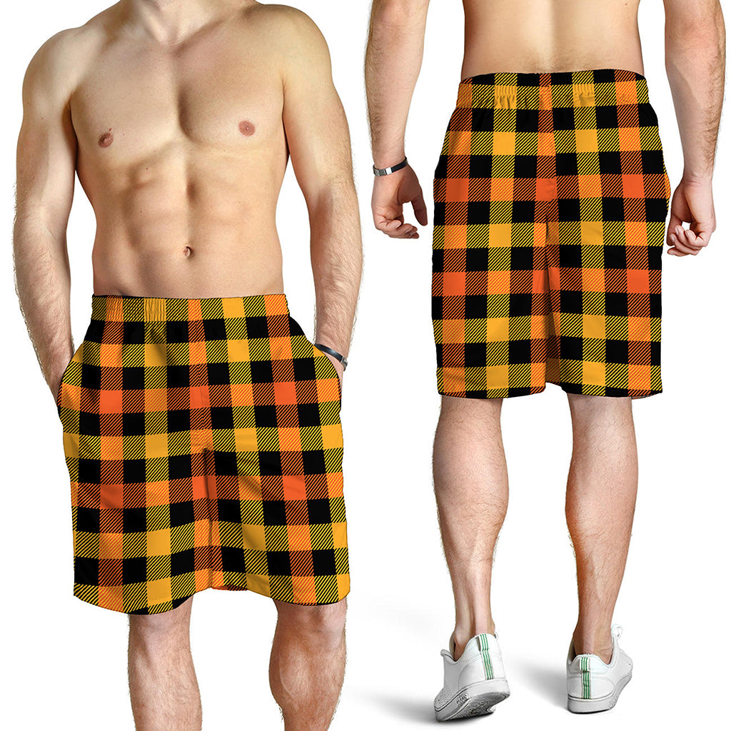 Orange And Black Buffalo Plaid Print Men's Shorts