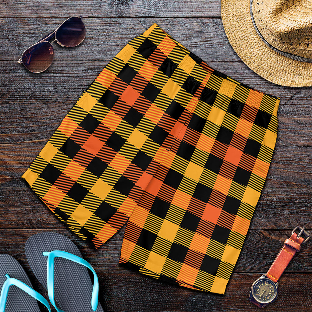 Orange And Black Buffalo Plaid Print Men's Shorts