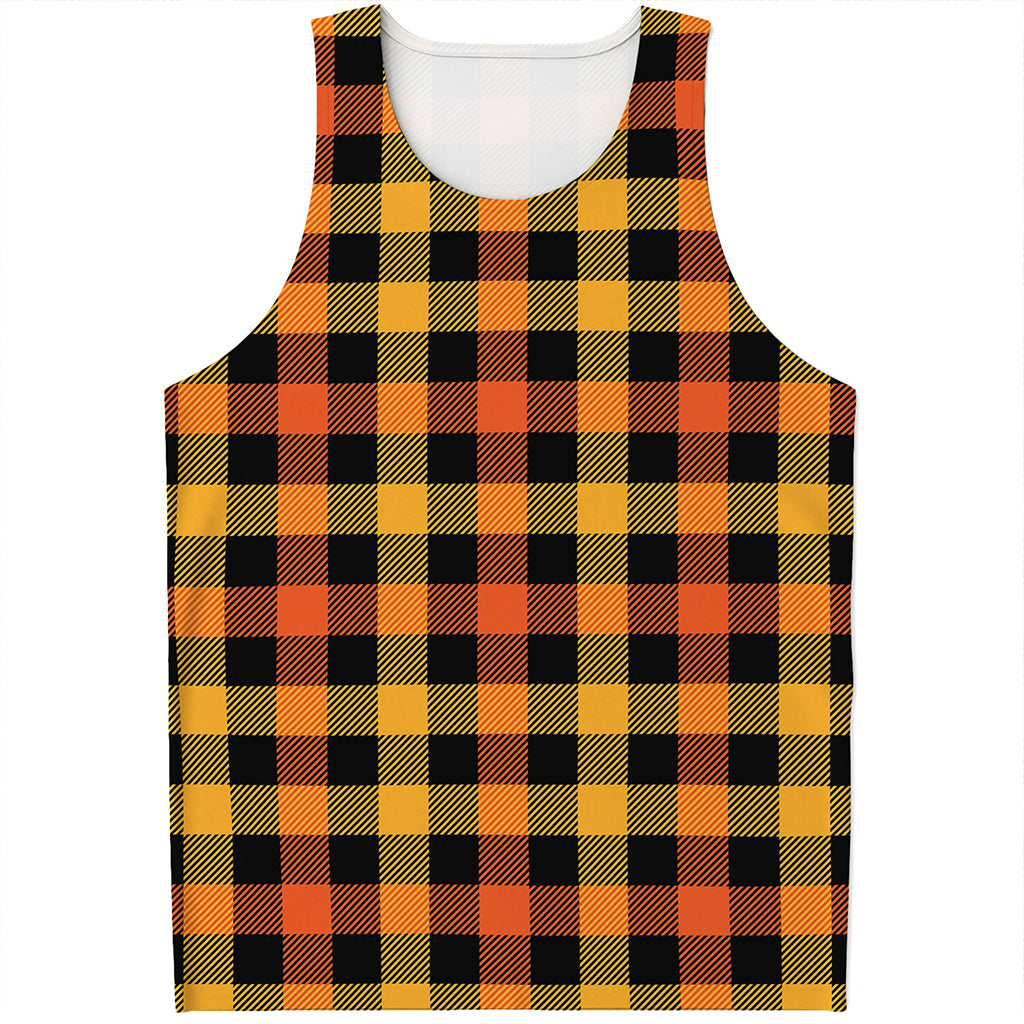 Orange And Black Buffalo Plaid Print Men's Tank Top