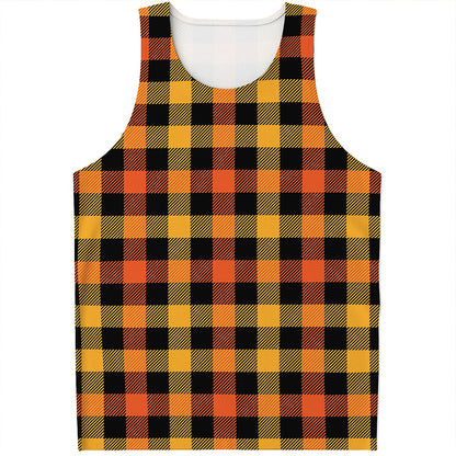 Orange And Black Buffalo Plaid Print Men's Tank Top