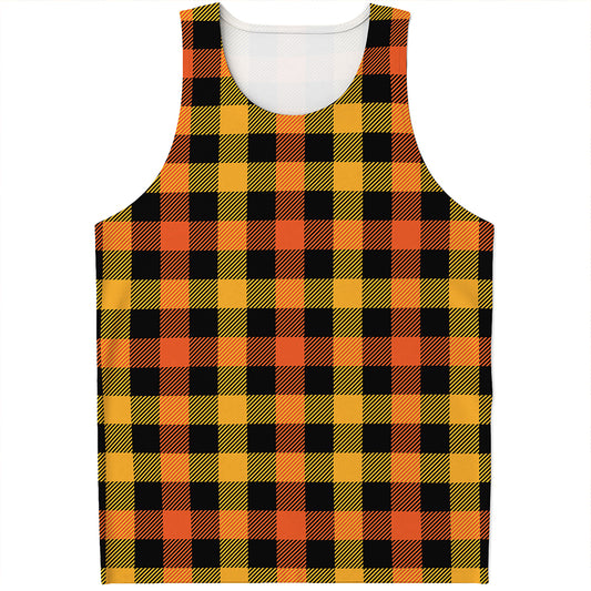 Orange And Black Buffalo Plaid Print Men's Tank Top