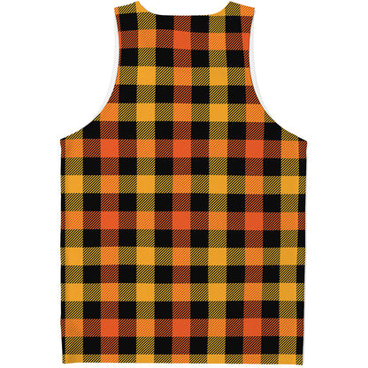 Orange And Black Buffalo Plaid Print Men's Tank Top