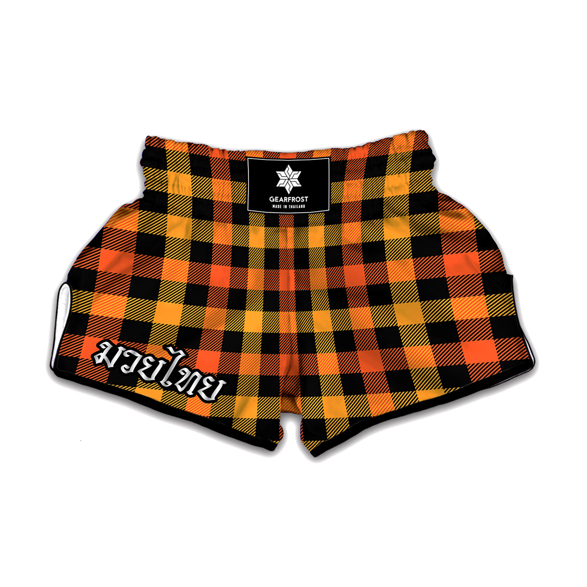 Orange And Black Buffalo Plaid Print Muay Thai Boxing Shorts