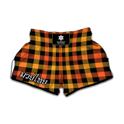 Orange And Black Buffalo Plaid Print Muay Thai Boxing Shorts
