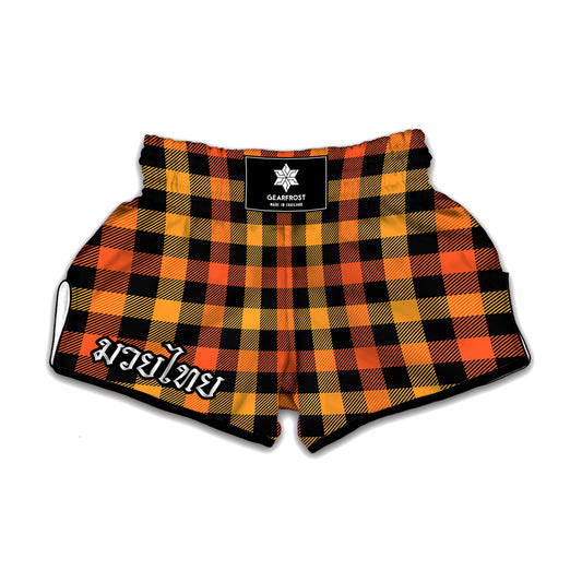 Orange And Black Buffalo Plaid Print Muay Thai Boxing Shorts