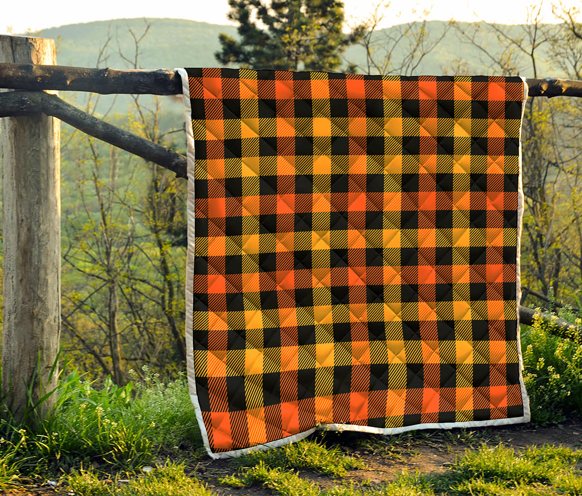 Orange And Black Buffalo Plaid Print Quilt