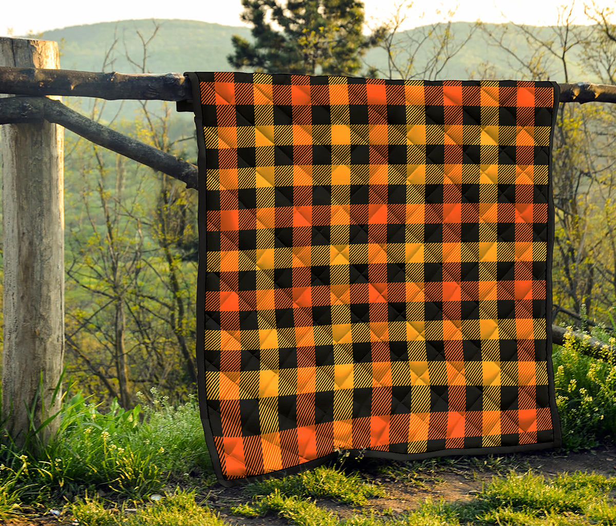 Orange And Black Buffalo Plaid Print Quilt